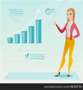 Caucasian successful business woman pointing at chart going up. Cheerful business woman satisfied by her business success. Business success concept. Vector flat design illustration. Square layout.. Successful business woman pointing at chart.