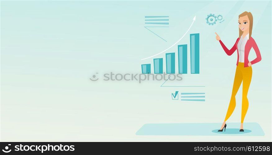 Caucasian successful business woman pointing at chart going up. Cheerful business woman satisfied by her business success. Business success concept. Vector flat design illustration. Horizontal layout.. Successful business woman pointing at chart.