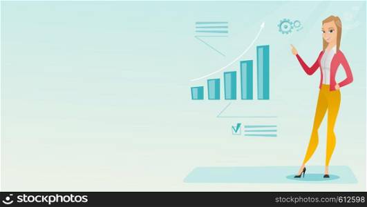 Caucasian successful business woman pointing at chart going up. Cheerful business woman satisfied by her business success. Business success concept. Vector flat design illustration. Horizontal layout.. Successful business woman pointing at chart.