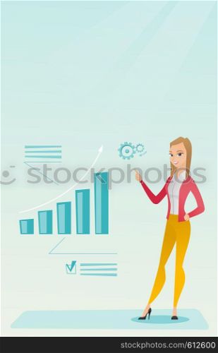 Caucasian successful business woman pointing at chart going up. Cheerful business woman satisfied by her business success. Business success concept. Vector flat design illustration. Vertical layout.. Successful business woman pointing at chart.