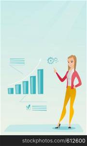 Caucasian successful business woman pointing at chart going up. Cheerful business woman satisfied by her business success. Business success concept. Vector flat design illustration. Vertical layout.. Successful business woman pointing at chart.