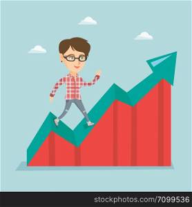 Caucasian successful business woman standing on profit chart. Young happy business woman running along the profit chart. Concept of business profit. Vector cartoon illustration. Square layout.. Happy business woman standing on profit chart.