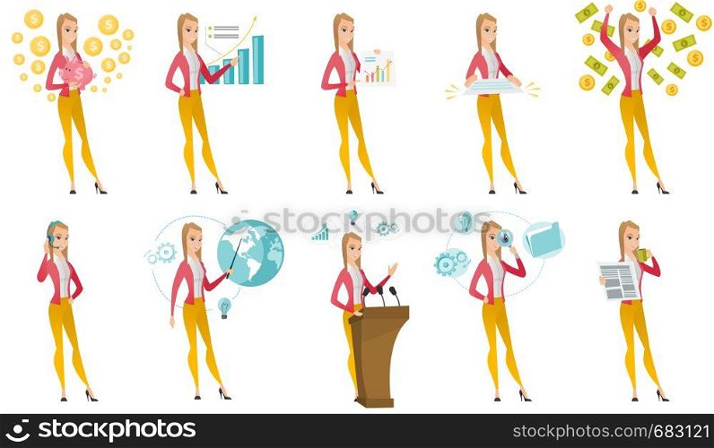 Caucasian successful business woman standing with raised hands under money rain. Excited business woman enjoying a rain of money. Set of vector flat design illustrations isolated on white background. Vector set of illustrations with business people.