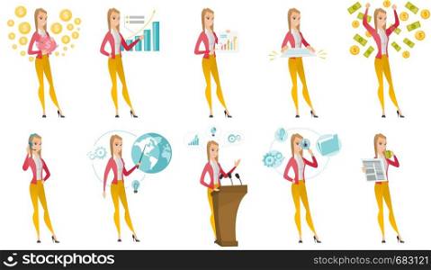 Caucasian successful business woman standing with raised hands under money rain. Excited business woman enjoying a rain of money. Set of vector flat design illustrations isolated on white background. Vector set of illustrations with business people.