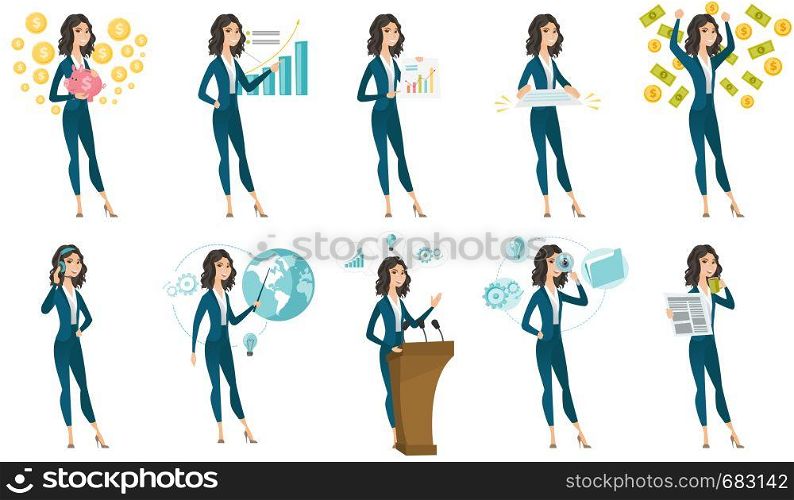 Caucasian successful business woman standing with raised hands under money rain. Excited businessman enjoying a rain of money. Set of vector flat design illustrations isolated on white background.. Vector set of illustrations with business people.