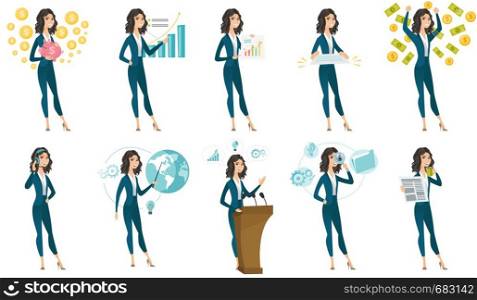 Caucasian successful business woman standing with raised hands under money rain. Excited businessman enjoying a rain of money. Set of vector flat design illustrations isolated on white background.. Vector set of illustrations with business people.