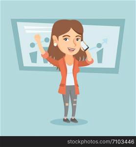 Caucasian successful business woman talking on the mobile phone. Successful business woman standing with raised hands on the background of increasing chart. Vector cartoon illustration. Square layout.. Caucasian business woman talking on mobile phone.