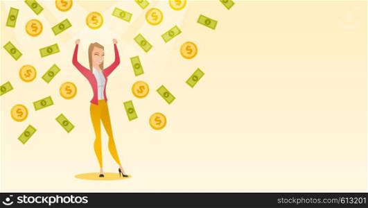 Caucasian successful business woman with closed eyes standing with raised hands under money rain. Excited business woman enjoying a rain of money. Vector flat design illustration. Horizontal layout.. Happy busiess woman under money rain.