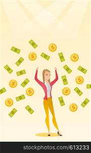 Caucasian successful business woman with closed eyes standing with raised hands under money rain. Excited business woman enjoying a rain of money. Vector flat design illustration. Vertical layout.. Happy busiess woman under money rain.