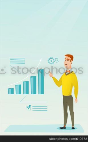 Caucasian successful businessman pointing at chart going up. Cheerful smiling businessman satisfied by his business success. Business success concept. Vector flat design illustration. Vertical layout.. Successful businessman pointing at chart going up.