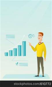 Caucasian successful businessman pointing at chart going up. Cheerful smiling businessman satisfied by his business success. Business success concept. Vector flat design illustration. Vertical layout.. Successful businessman pointing at chart going up.