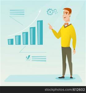 Caucasian successful businessman pointing at chart going up. Cheerful smiling businessman satisfied by his business success. Business success concept. Vector flat design illustration. Square layout.. Successful businessman pointing at chart going up.