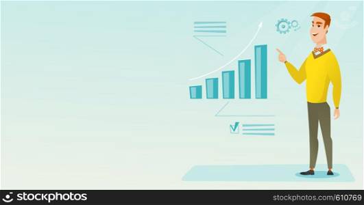 Caucasian successful businessman pointing at chart going up. Cheerful smiling businessman satisfied by business success. Business success concept. Vector flat design illustration. Horizontal layout.. Successful businessman pointing at chart going up.