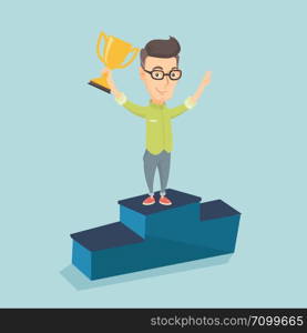Caucasian successful businessman with business award standing on a pedestal. Cheerful businessman celebrating his business award. Business award concept. Vector flat design illustration. Square layout. Businessman proud of his business award.