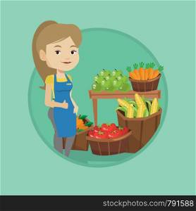 Caucasian supermarket worker giving thumb up. Supermarket worker standing on the background of shelves with vegetables and fruits. Vector flat design illustration in the circle isolated on background.. Friendly supermarket worker vector illustration.