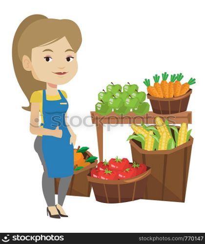 Caucasian supermarket worker giving thumb up. Young supermarket worker standing on the background of shelves with vegetables and fruits. Vector flat design illustration isolated on white background.. Friendly supermarket worker vector illustration.