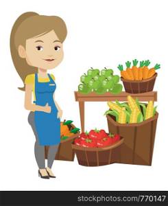 Caucasian supermarket worker giving thumb up. Young supermarket worker standing on the background of shelves with vegetables and fruits. Vector flat design illustration isolated on white background.. Friendly supermarket worker vector illustration.