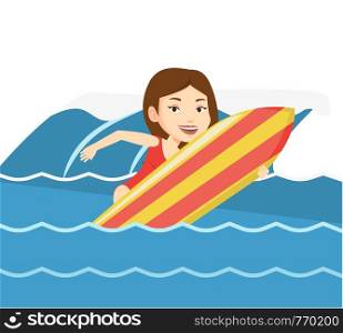 Caucasian surfer having fun during execution of a move on a blue ocean wave. Young surfer in action on a surf board. Water sport concept. Vector flat design illustration isolated on white background.. Happy surfer in action on a surf board.