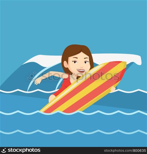 Caucasian surfer having fun during execution of a move on a blue ocean wave. Young surfer in action on a surf board. Lifestyle and water sport concept. Vector flat design illustration. Square layout.. Happy surfer in action on a surf board.