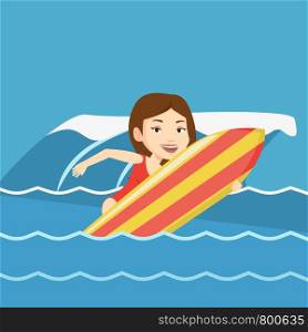Caucasian surfer having fun during execution of a move on a blue ocean wave. Young surfer in action on a surf board. Lifestyle and water sport concept. Vector flat design illustration. Square layout.. Happy surfer in action on a surf board.