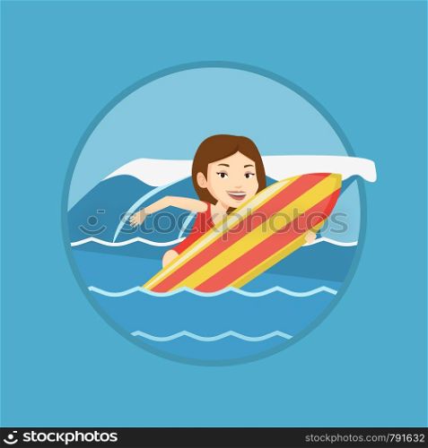 Caucasian surfer having fun during execution of a move on an ocean wave. Surfer in action on a surf board. Water sport concept. Vector flat design illustration in the circle isolated on background.. Happy surfer in action on a surf board.