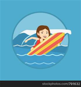 Caucasian surfer having fun during execution of a move on an ocean wave. Surfer in action on a surf board. Water sport concept. Vector flat design illustration in the circle isolated on background.. Happy surfer in action on a surf board.