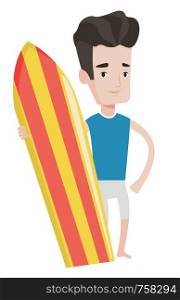Caucasian surfer standing with a surfboard. Professional surfer holding a surf board. Illustration of full length of surfer with surfboard. Vector flat design illustration isolated on white background. Surfer holding surfboard vector illustration.
