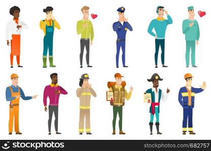 Caucasian surgeon holding hand on his chest. Full length of young happy surgeon with hand on his chest and heart flying nearby. Set of vector flat design illustrations isolated on white background.. Vector set of professions characters.