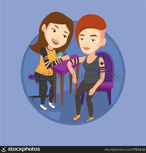 Caucasian tattooist makes a tattoo on the hand of woman. Tattooist makes a tattoo to a client. Professional tattoo artist at work. Vector flat design illustration in the circle isolated on background.. Tattoo artist at work vector illustration.