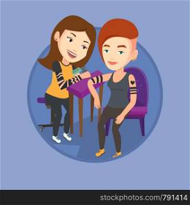 Caucasian tattooist makes a tattoo on the hand of woman. Tattooist makes a tattoo to a client. Professional tattoo artist at work. Vector flat design illustration in the circle isolated on background.. Tattoo artist at work vector illustration.