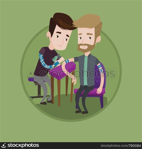 Caucasian tattooist makes tattoo on the hand of young hipster man. Tattooist makes a tattoo. Professional tattoo artist at work. Vector flat design illustration in the circle isolated on background.. Tattoo artist at work vector illustration.