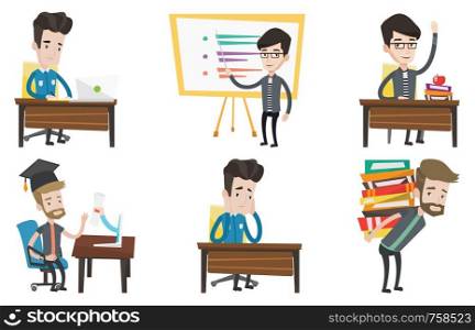 Caucasian teacher or student standing in front of board. Teacher with a pointer standing in classroom. Young teacher with pointer. Set of vector flat design illustrations isolated on white background.. Vector set of student and teacher characters.
