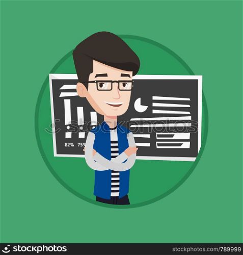 Caucasian teacher or student standing in front of chalkboard. Teacher with folded arms standing on the background of chalkboard. Vector flat design illustration in the circle isolated on background.. Teacher or student standing in front of chalkboard