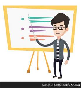 Caucasian teacher standing in front of board with a pointer. Teacher standing with a pointer in classroom. Young teacher with pointer. Vector flat design illustration isolated on white background.. Teacher or student standing in front of board.