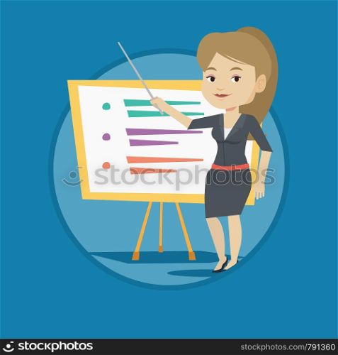 Caucasian teacher standing in front of board with pointer. Teacher standing with pointer in classroom. Young teacher with pointer. Vector flat design illustration in the circle isolated on background.. Teacher or student standing in front of board.