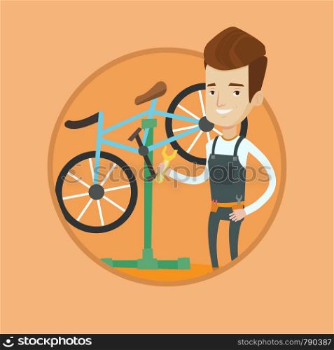 Caucasian technician working in bike workshop. Technician fixing bicycle in repair shop. Bicycle mechanic repairing bicycle. Vector flat design illustration in the circle isolated on background.. Caucasian bicycle mechanic working in repair shop.
