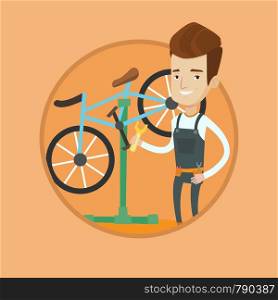 Caucasian technician working in bike workshop. Technician fixing bicycle in repair shop. Bicycle mechanic repairing bicycle. Vector flat design illustration in the circle isolated on background.. Caucasian bicycle mechanic working in repair shop.