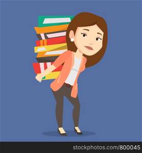 Caucasian tired student carrying a heavy pile of books on her back. Sad student walking with huge stack of books. Student preparing for exam with books. Vector flat design illustration. Square layout.. Student with pile of books vector illustration.