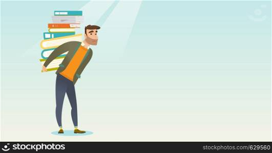 Caucasian tired student carrying a heavy pile of books on his back. Student walking with huge stack of books. Student preparing for exam with books. Vector flat design illustration. Horizontal layout.. Student with pile of books vector illustration.
