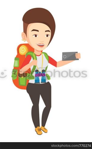 Caucasian tourist making selfie. Tourist with backpack and binoculars taking selfie with cellphone. Young happy tourist taking selfie. Vector flat design illustration isolated on white background.. Woman with backpack making selfie.