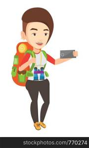 Caucasian tourist making selfie. Tourist with backpack and binoculars taking selfie with cellphone. Young happy tourist taking selfie. Vector flat design illustration isolated on white background.. Woman with backpack making selfie.