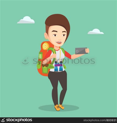 Caucasian tourist making selfie. Tourist with backpack and binoculars taking selfie with cellphone. Young happy tourist taking selfie during summer trip. Vector flat design illustration. Square layout. Woman with backpack making selfie.
