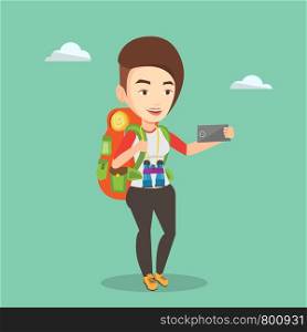Caucasian tourist making selfie. Tourist with backpack and binoculars taking selfie with cellphone. Young happy tourist taking selfie during summer trip. Vector flat design illustration. Square layout. Woman with backpack making selfie.