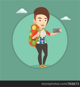 Caucasian tourist making selfie. Tourist with backpack taking selfie with cellphone. Tourist taking selfie during summer trip. Vector flat design illustration in the circle isolated on background.. Woman with backpack making selfie.