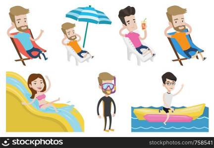 Caucasian tourist sitting in a chaise longue on the beach. Tourist resting under beach umbrella. Man relaxing during beach holiday. Set of vector flat design illustrations isolated on white background. Vector set of traveling people.