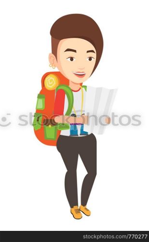 Caucasian traveler exploring the map. Traveler with backpack and binoculars looking at map. Traveler searching right direction on a map. Vector flat design illustration isolated on white background.. Traveler with backpack looking at map.