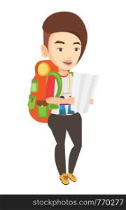 Caucasian traveler exploring the map. Traveler with backpack and binoculars looking at map. Traveler searching right direction on a map. Vector flat design illustration isolated on white background.. Traveler with backpack looking at map.