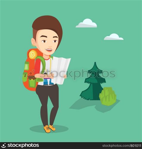 Caucasian traveler exploring the map. Young smiling traveler with backpack and binoculars looking at map. Traveler searching right direction on a map. Vector flat design illustration. Square layout.. Traveler with backpack looking at map.
