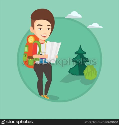 Caucasian traveler exploring the map. Young traveler with backpack looking at map. Traveler searching right direction on a map. Vector flat design illustration in the circle isolated on background.. Traveler with backpack looking at map.