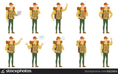 Caucasian traveler listening to music in headphones. Full length of traveler with closed eyes listening to music in headphones. Set of vector flat design illustrations isolated on white background.. Vector set of traveler characters.